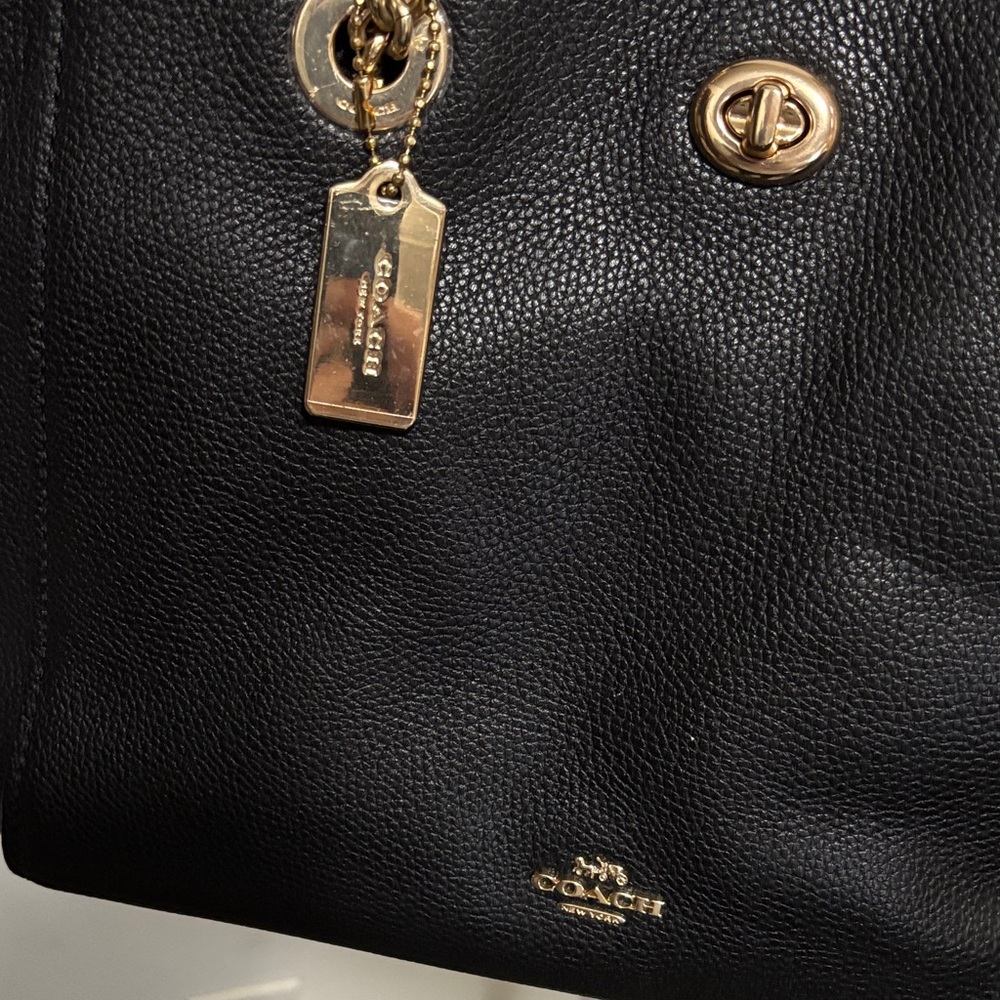 Coach Black Pebbled Leather Tote with Gold Chain Accents - Picture 2 of 4